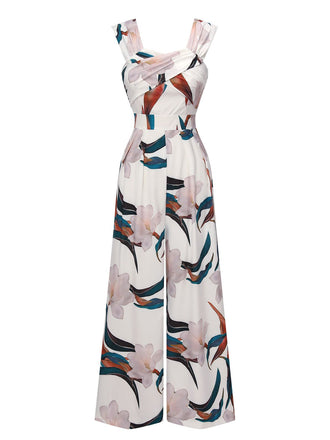 White 1960s Floral Square Neck Jumpsuit, vintage romper, retro jumpsuit - perfect for women who love vintage and retro fashion
