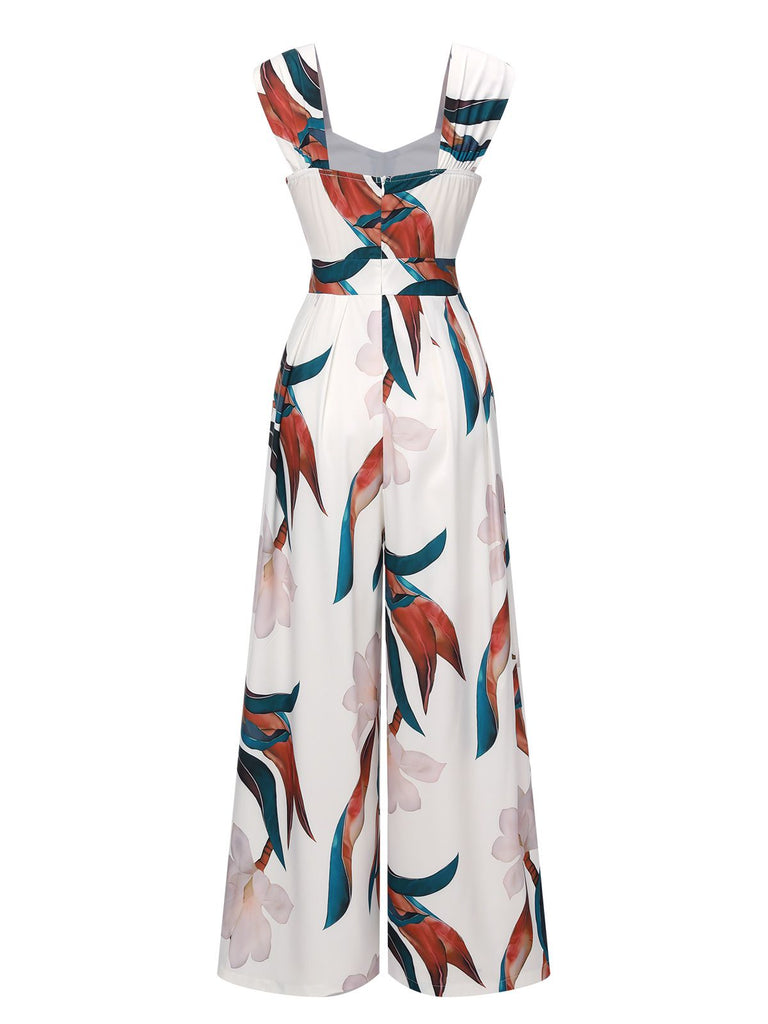White 1960s Floral Square Neck Jumpsuit, vintage romper, retro jumpsuit - perfect for women who love vintage and retro fashion