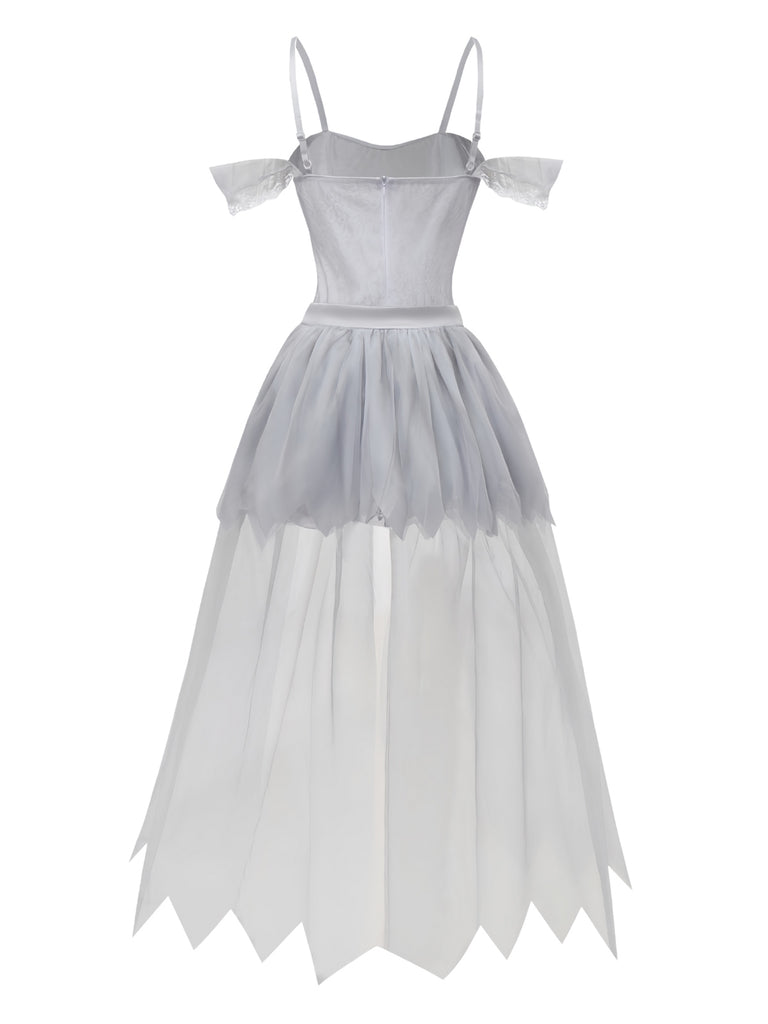 White 1960s Halloween Zombie Bride Lace Mesh Dress - vintage dress, retro fashion, pure white