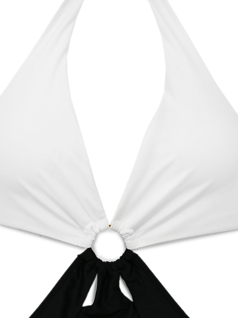 White 1960s Halter Deep V-Neck One-Piece Swimsuit — 1960s poolside glamour meets sun-drenched confidence