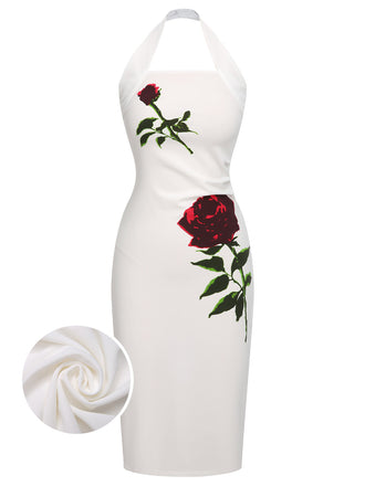 White 1960s Halter Rose Wrap Dress - vintage dress, retro fashion, flapper style