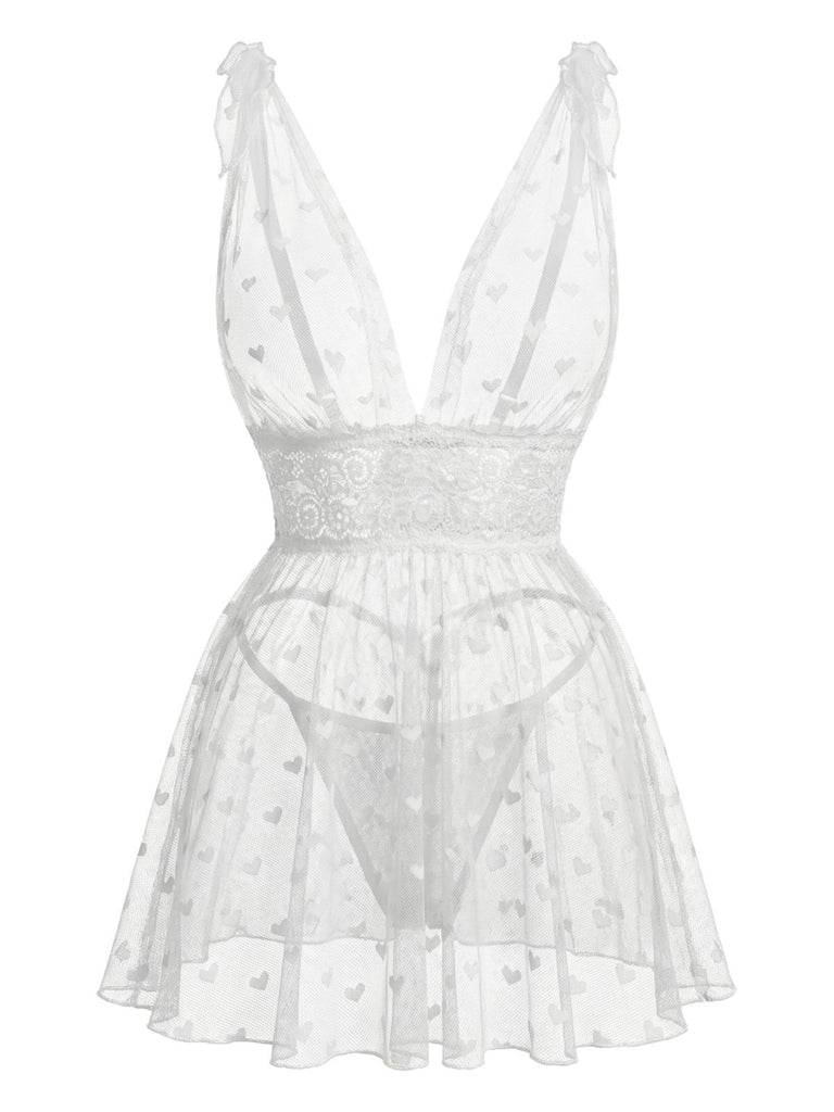White 1960s Heart Dot Sheer Lace Sleepwear Set - vintage nightgown, retro sleepwear, pure white