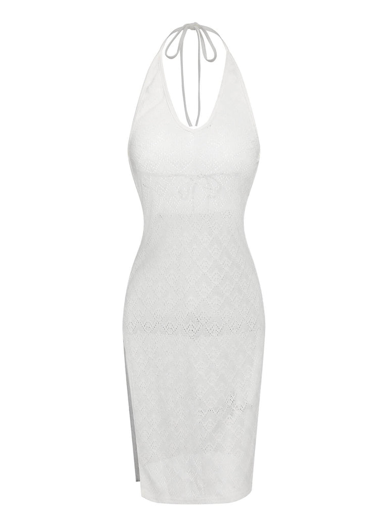 White 1960s Knitted Halter Dress Cover-Up, vintage dress, retro fashion - perfect for women who love vintage and retro fashion