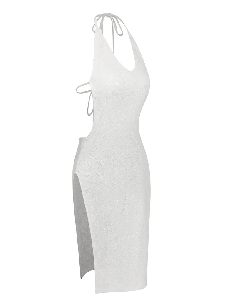 White 1960s Knitted Halter Dress Cover-Up, vintage dress, retro fashion - perfect for women who love vintage and retro fashion