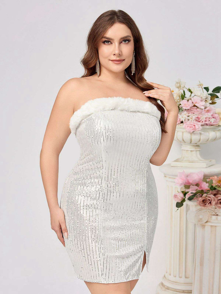 White 1960s Plush Collar Sequined Bodycon Dress - vintage dress, retro fashion, pure white