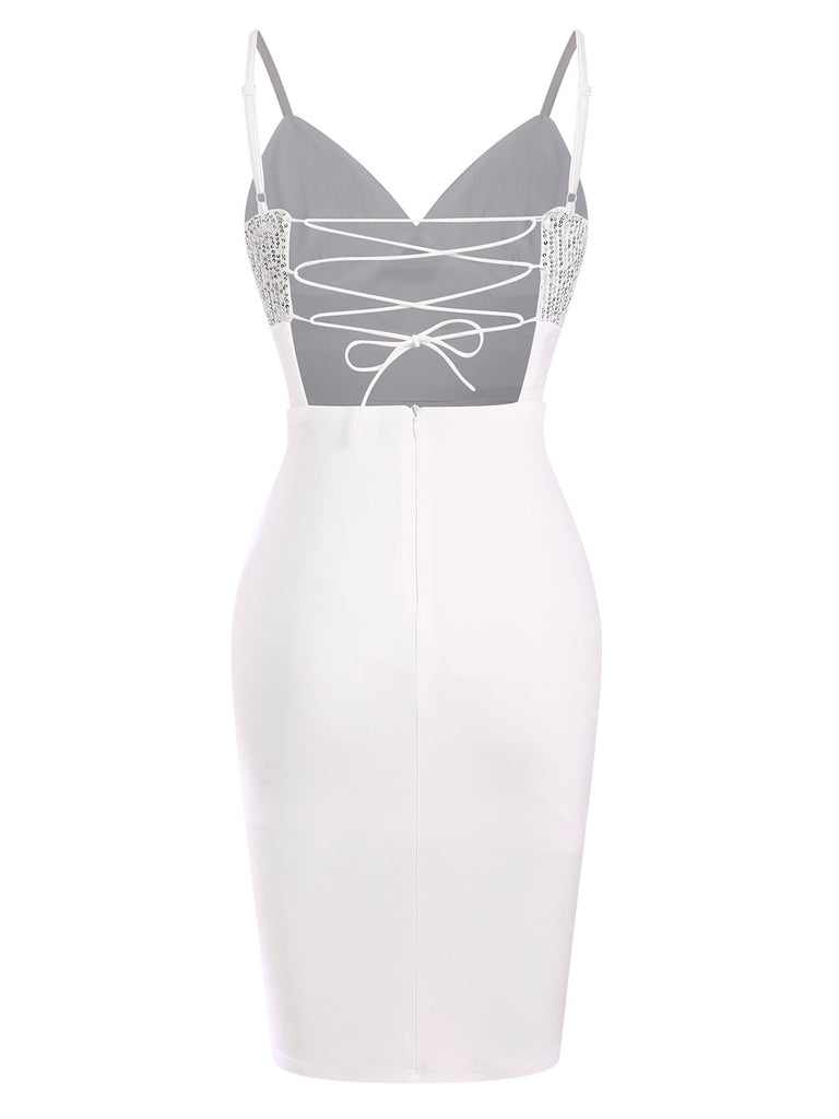 White 1960s Sequins Splicing Slit Dress, vintage dress, retro fashion - perfect for women who love vintage and retro fashion