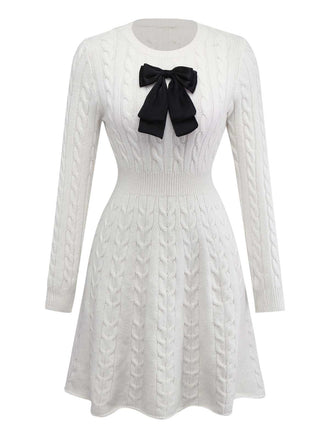 White 1970s Bow Decor Knit Sweater Dress - vintage dress, retro fashion, pure white