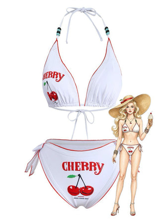 White 1970s Cherry Print Tie-Halter Bikini Set - vintage fashion, retro style, pure white