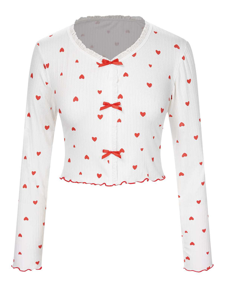White 1970s Curled Heart Bow Long Sleeve Pajamas: timeless 1970s elegance she makes her own