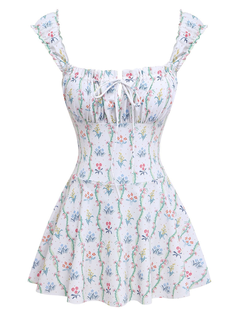 White 1970s Floral Ruffle Cap-Sleeve Square-Neck Swimdress: beautiful vintage dress, retro fashion, elegant style with timeless appeal