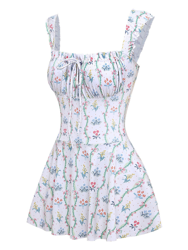 White 1970s Floral Ruffle Cap-Sleeve Square-Neck Swimdress | vintage dress, retro fashion, elegant style - perfect for retro fashion enthusiasts