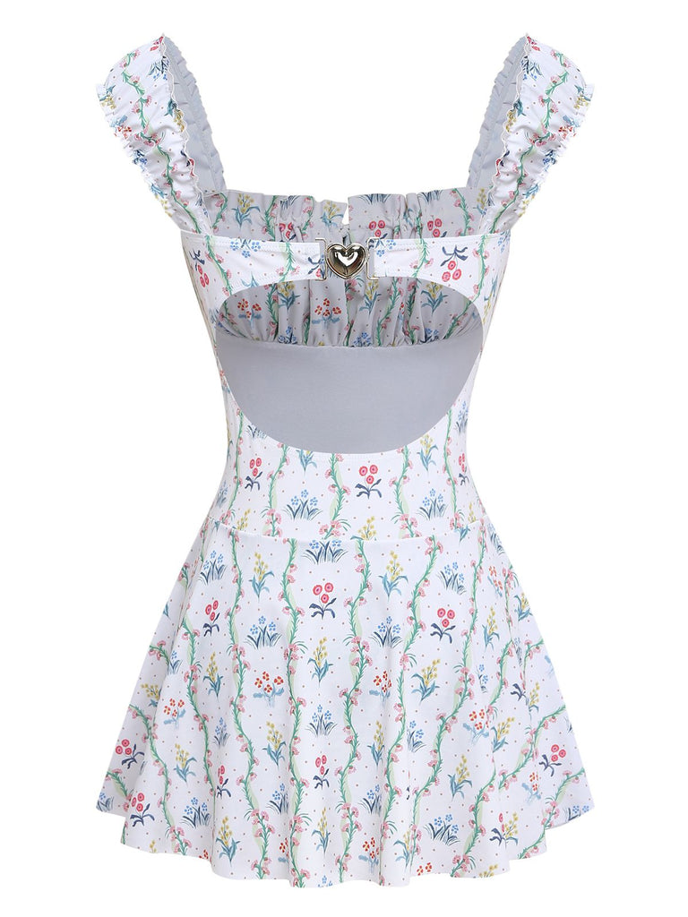 White 1970s Floral Ruffle Cap-Sleeve Square-Neck Swimdress - vintage dress, retro fashion, elegant style for vintage lovers