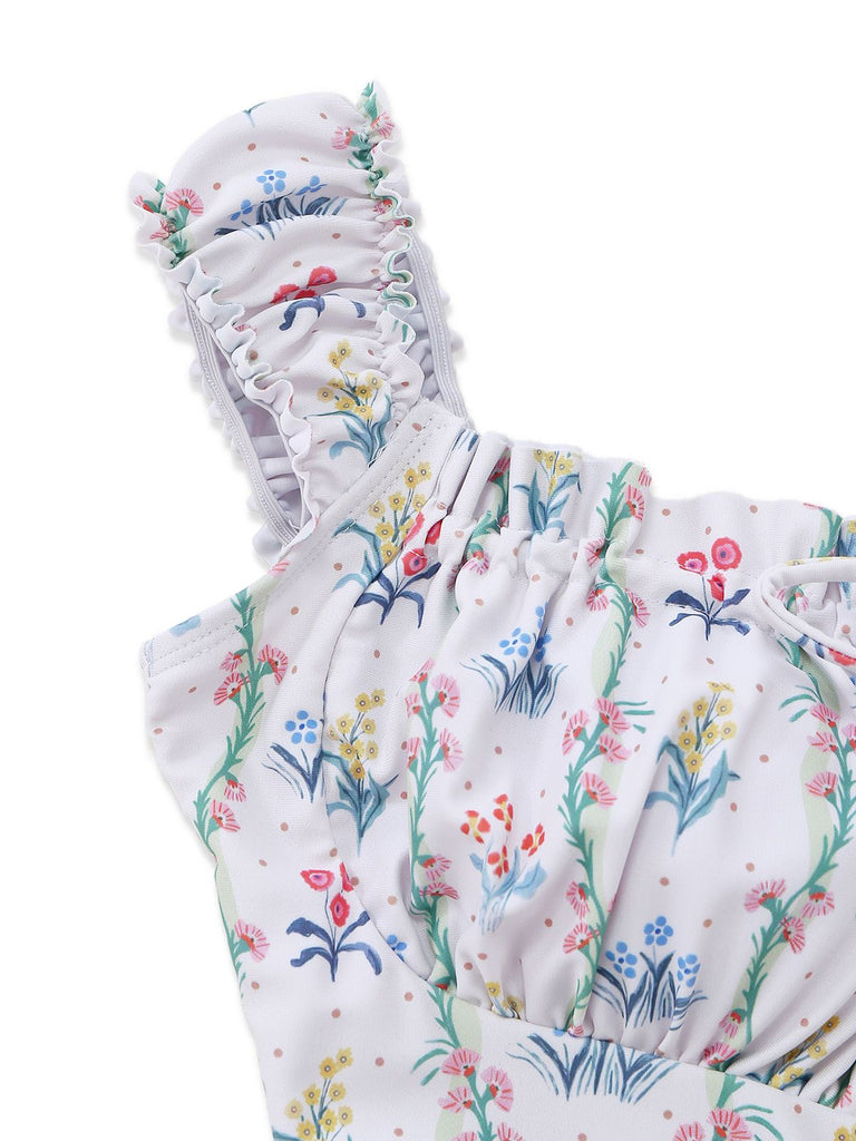 White 1970s Floral Ruffle Cap-Sleeve Square-Neck Swimdress: beautiful vintage dress, retro fashion, elegant style with timeless appeal