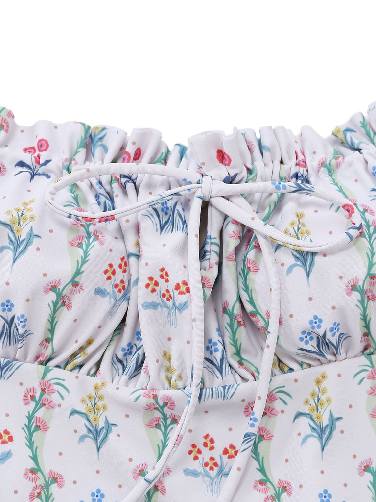 White 1970s Floral Ruffle Cap-Sleeve Square-Neck Swimdress | vintage dress, retro fashion, elegant style - perfect for retro fashion enthusiasts