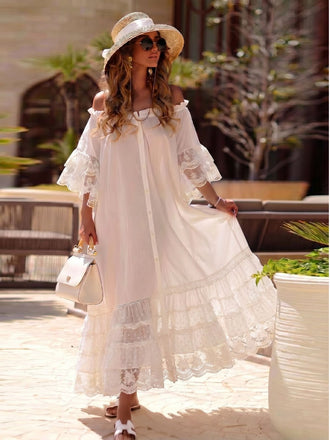 White 1970s Off-Shoulder Lace Tiered  Boho Dress, vintage dress, retro fashion, lace detail - perfect for women who love vintage and retro fashion
