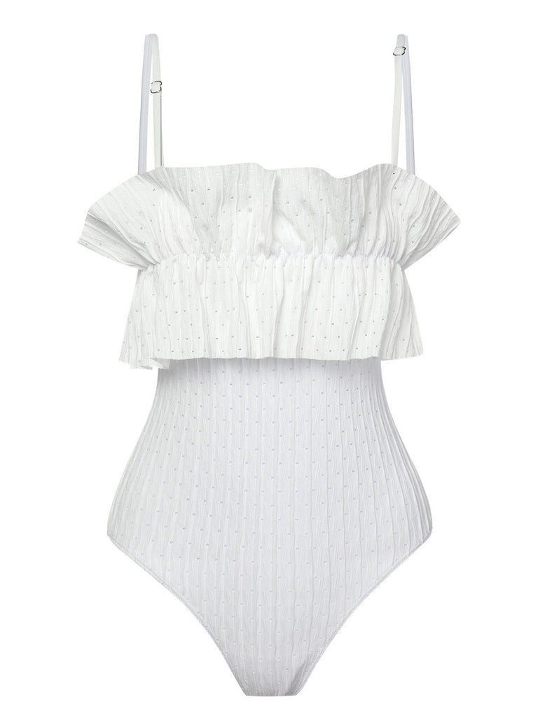 White 1970s Solid Ruffles Bandeau Swimsuit, vintage swimsuit, pin-up swimwear - perfect for women who love vintage and retro fashion