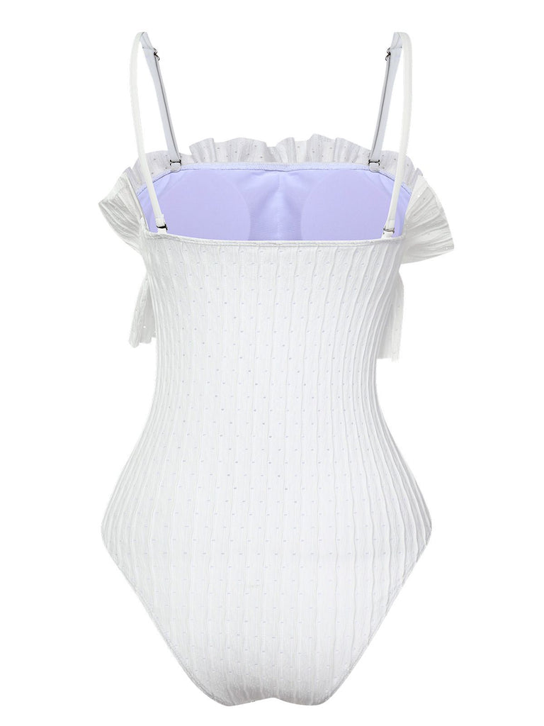 White 1970s Solid Ruffles Bandeau Swimsuit, vintage swimsuit, pin-up swimwear - perfect for women who love vintage and retro fashion