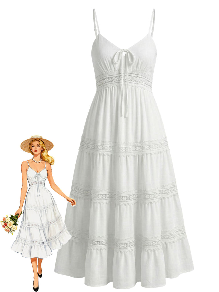 White 1970s Spaghetti Strap Boho Lace Tiered Dress - vintage dress, retro fashion, elegant style for vintage lovers