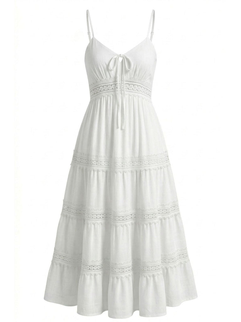White 1970s Spaghetti Strap Boho Lace Tiered Dress: beautiful vintage dress, retro fashion, elegant style with timeless appeal
