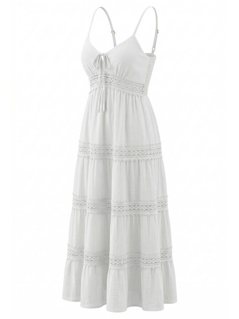 White 1970s Spaghetti Strap Boho Lace Tiered Dress | vintage dress, retro fashion, elegant style - perfect for retro fashion enthusiasts
