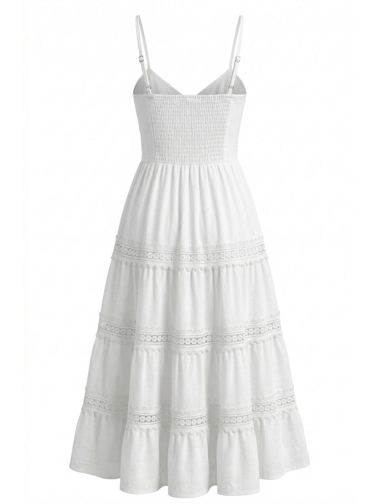 White 1970s Spaghetti Strap Boho Lace Tiered Dress - vintage dress, retro fashion, elegant style for vintage lovers
