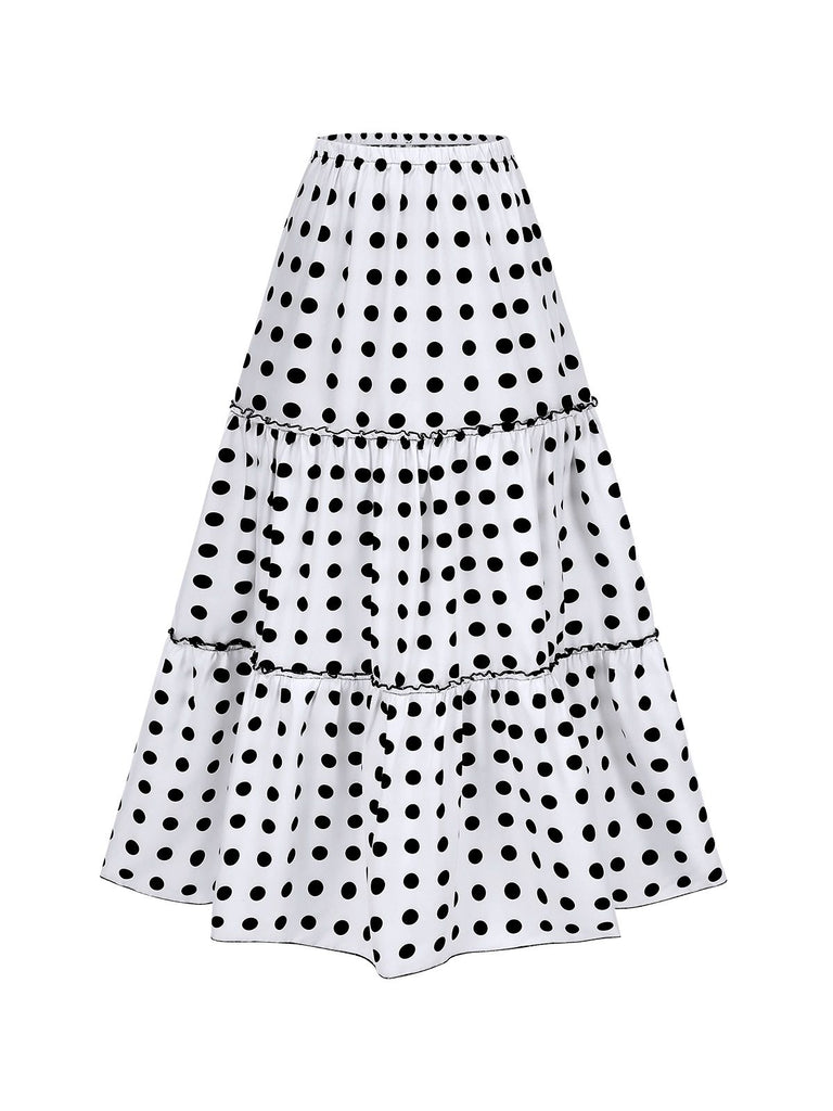 White 1970s Tiered Hem Polka Dots Skirt, vintage skirt, retro style - perfect for women who love vintage and retro fashion