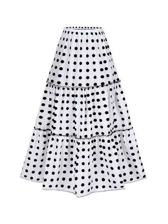 White 1970s Tiered Hem Polka Dots Skirt, vintage skirt, retro style - perfect for women who love vintage and retro fashion