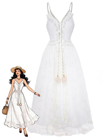 White 1970s V-Neck Boho Lace Maxi Dress - vintage dress, retro fashion, pure white