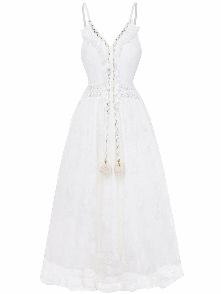 White 1970s V-Neck Boho Lace Maxi Dress - vintage dress, retro fashion, pure white