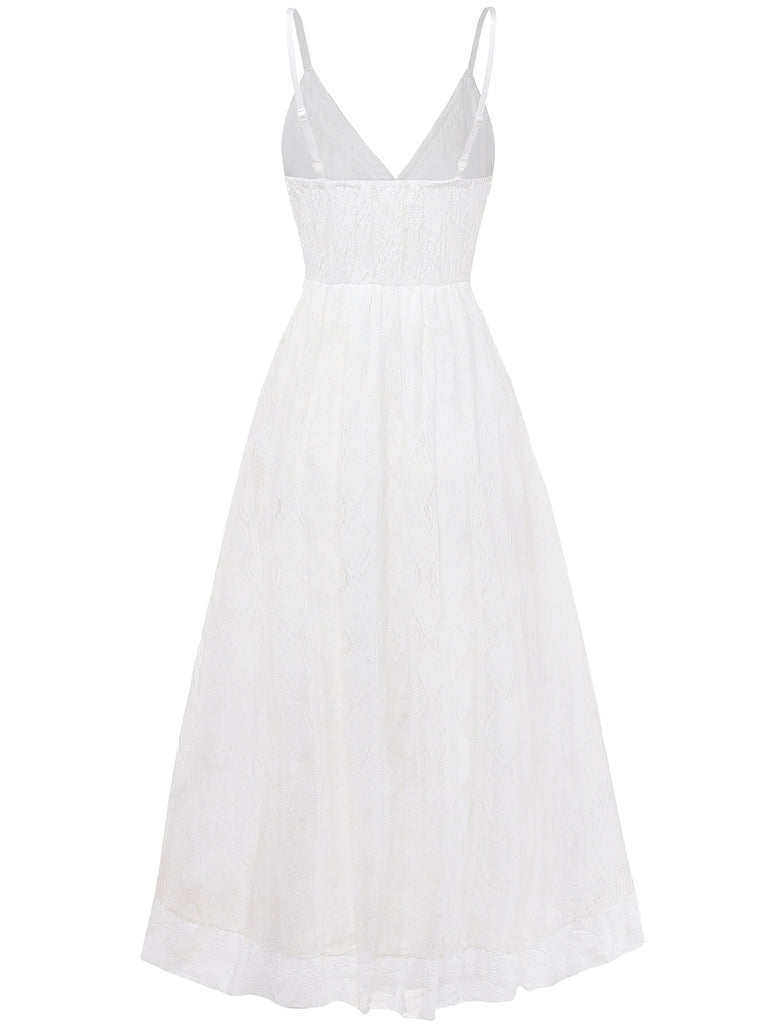 White 1970s V-Neck Boho Lace Maxi Dress - vintage dress, retro fashion, pure white