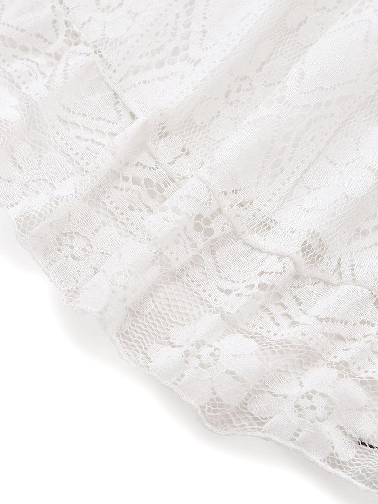 White 1970s V-Neck Boho Lace Maxi Dress - vintage dress, retro fashion, pure white