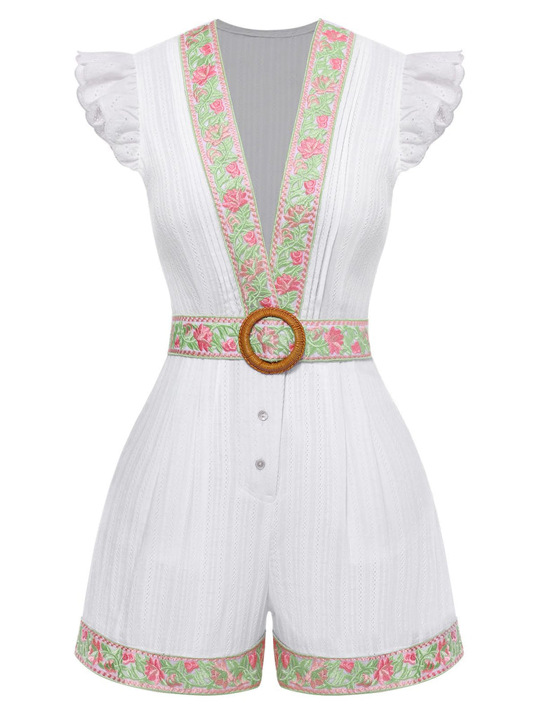 [Pre-Sale] White 1970s V-Neck Cotton Bohemian Embroidered Romper, vintage romper, retro jumpsuit - perfect for women who love vintage and retro fashion
