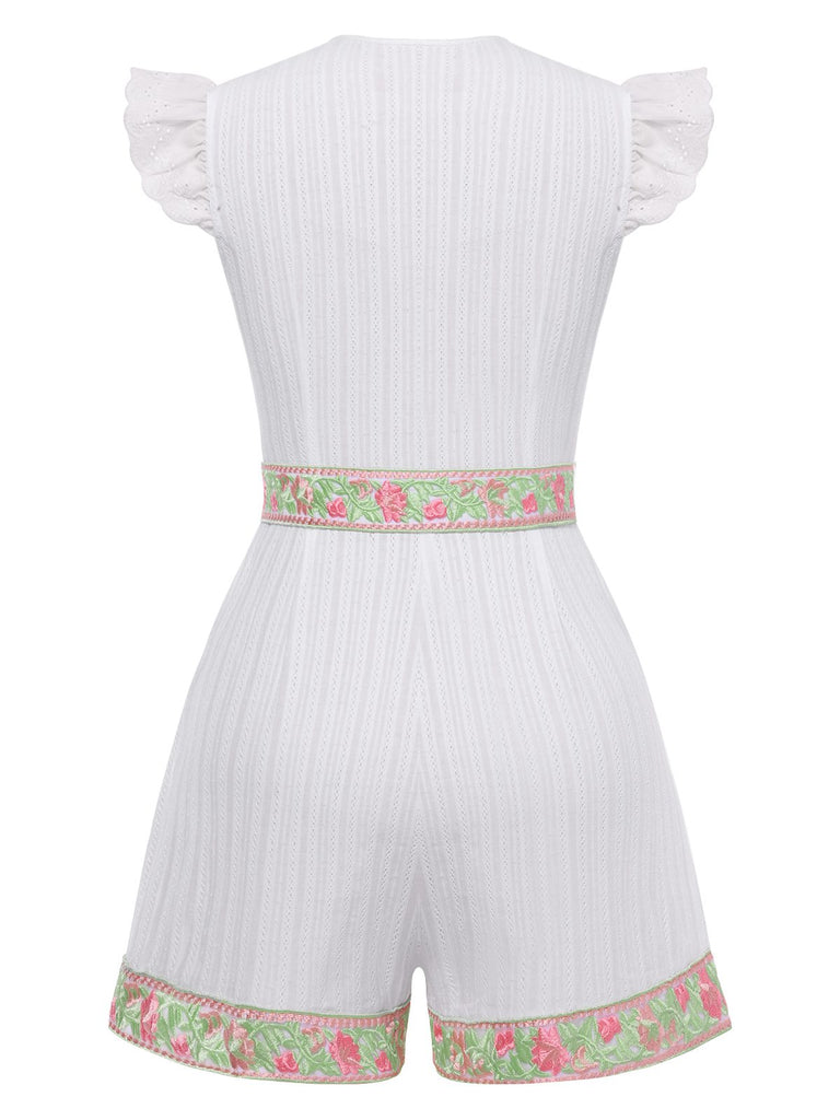[Pre-Sale] White 1970s V-Neck Cotton Bohemian Embroidered Romper, vintage romper, retro jumpsuit - perfect for women who love vintage and retro fashion