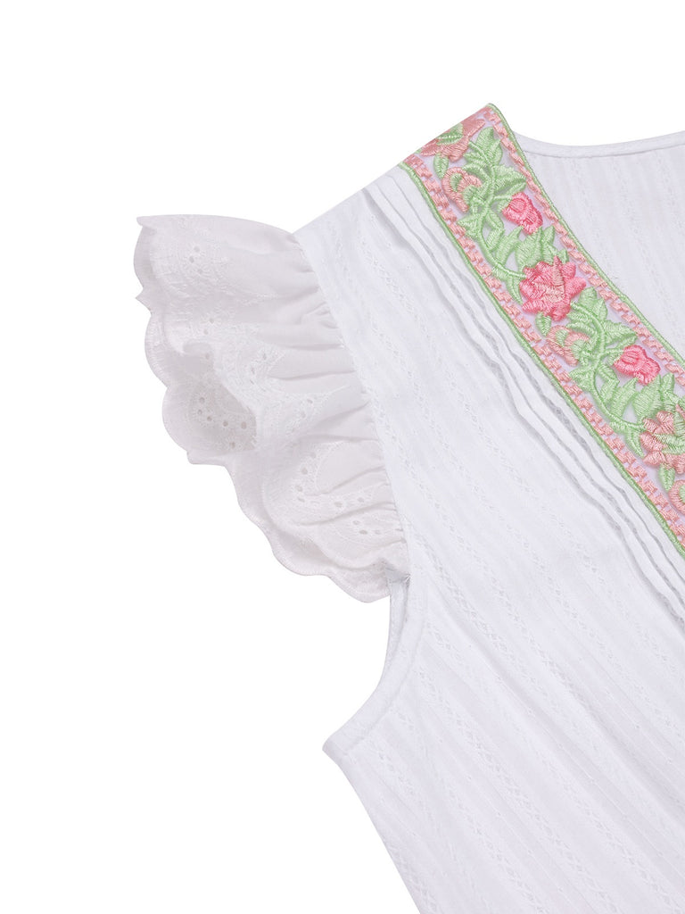 [Pre-Sale] White 1970s V-Neck Cotton Bohemian Embroidered Romper, vintage romper, retro jumpsuit - perfect for women who love vintage and retro fashion