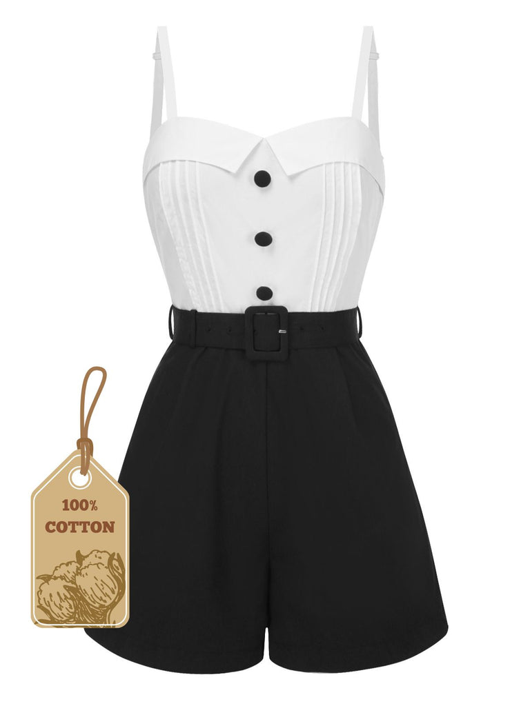 White & Black 1950s Cotton Spaghetti Straps Romper - vintage jumpsuit, retro fashion, classic black