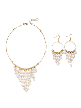 White Bohemian Pearl Tassel Necklace & Earrings Set - vintage accessory, retro jewelry, classic style for vintage lovers