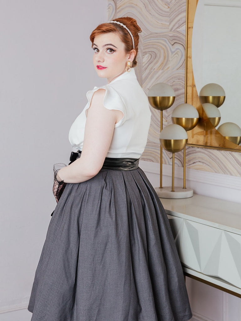 White & Gray 1950s Lace-Up Swing Dress — vintage elegance for the modern woman
