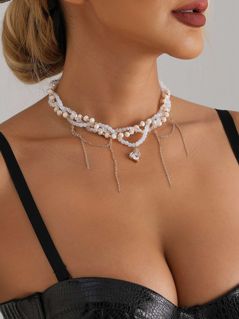 White Heart Rhinestone Pendant Beaded Necklace - vintage fashion, retro style, pure white