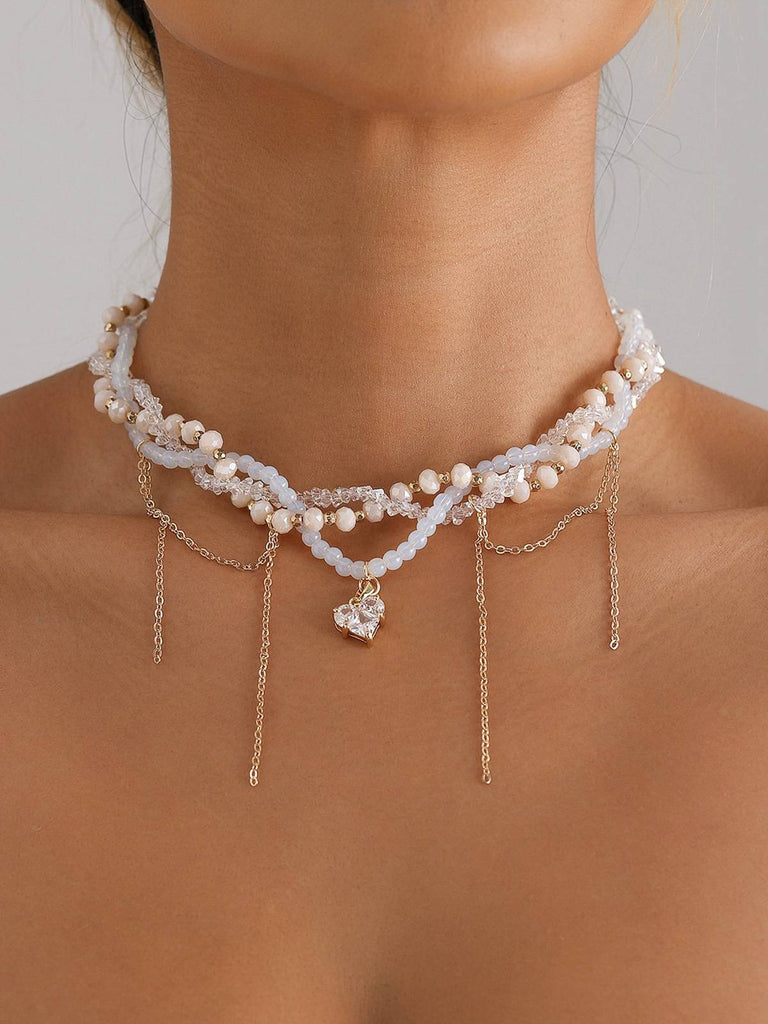 White Heart Rhinestone Pendant Beaded Necklace - vintage fashion, retro style, pure white