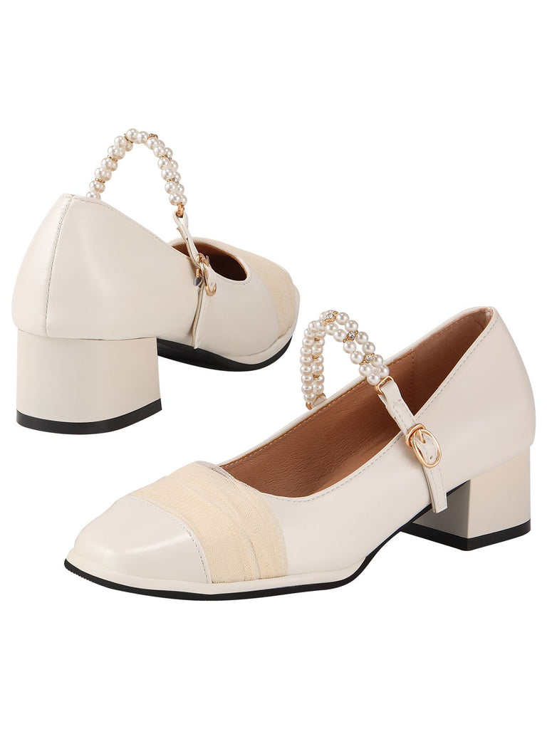 White Pearl Strap Chunky Heel Shoes — vintage elegance for the modern woman