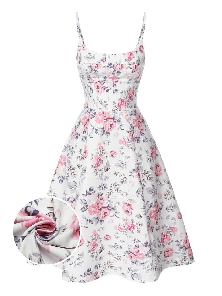 She slips into this White & Pink 1950s Straps Painted Floral Dress and suddenly it's a 1950s daydream