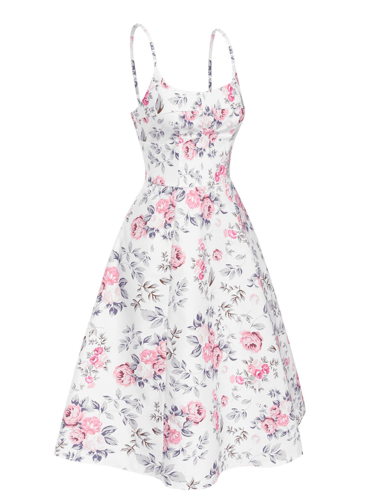 This White & Pink 1950s Straps Painted Floral Dress wraps her in 1950s elegance, one twirl at a time