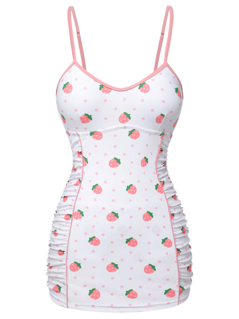 White & Pink 1950s Strawberry Pleated Swimsuit, vintage swimsuit, pin-up swimwear - perfect for women who love vintage and retro fashion
