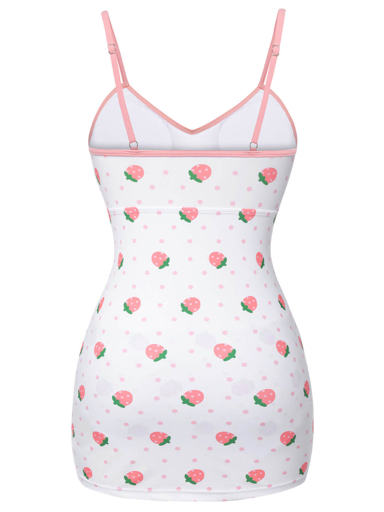 White & Pink 1950s Strawberry Pleated Swimsuit, vintage swimsuit, pin-up swimwear - perfect for women who love vintage and retro fashion