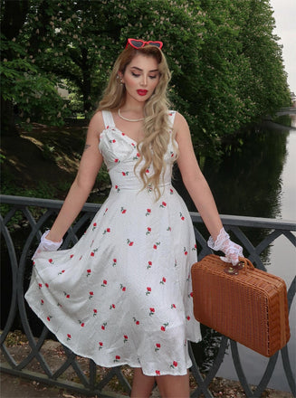 She slips into this White Satin-faux Cherry Polka Dot Dress and suddenly it's a vintage daydream