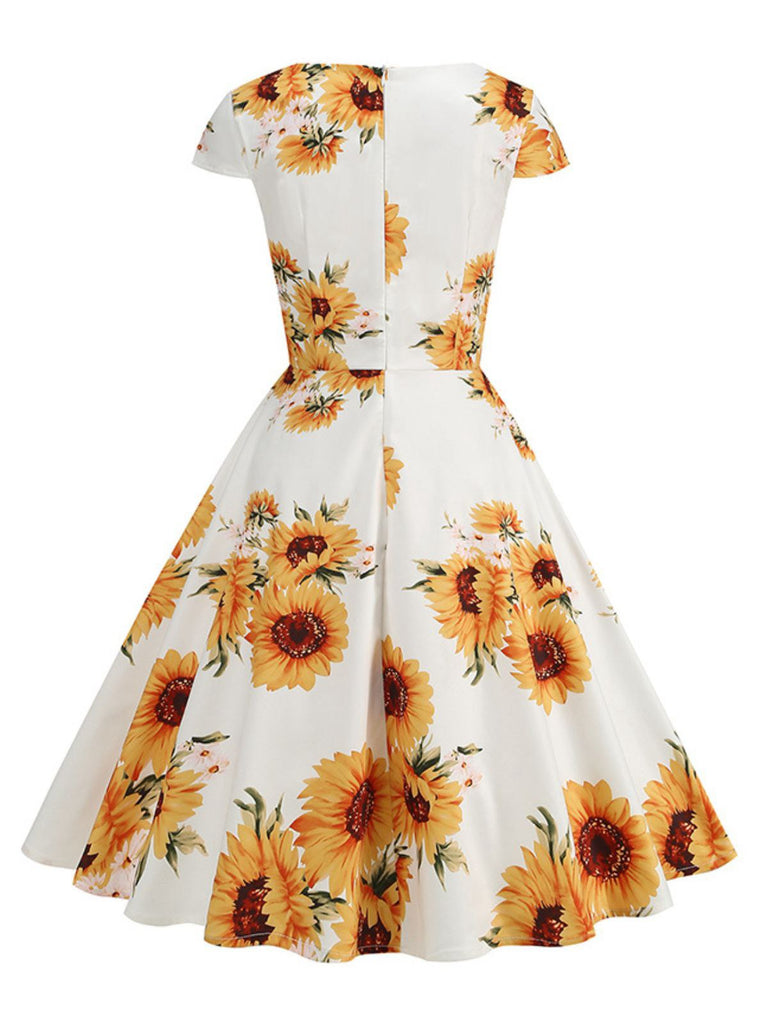 White & Yellow 1950s Sunflower Swing Dress: where 1950s romance meets her modern spirit