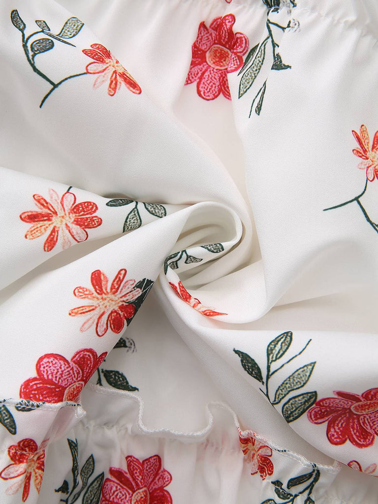 White 1930s Floral Ruffled Off-Shoulder Puff Dress fabric texture closeup