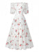 White 1930s Floral Ruffled Off-Shoulder Puff Dress front view