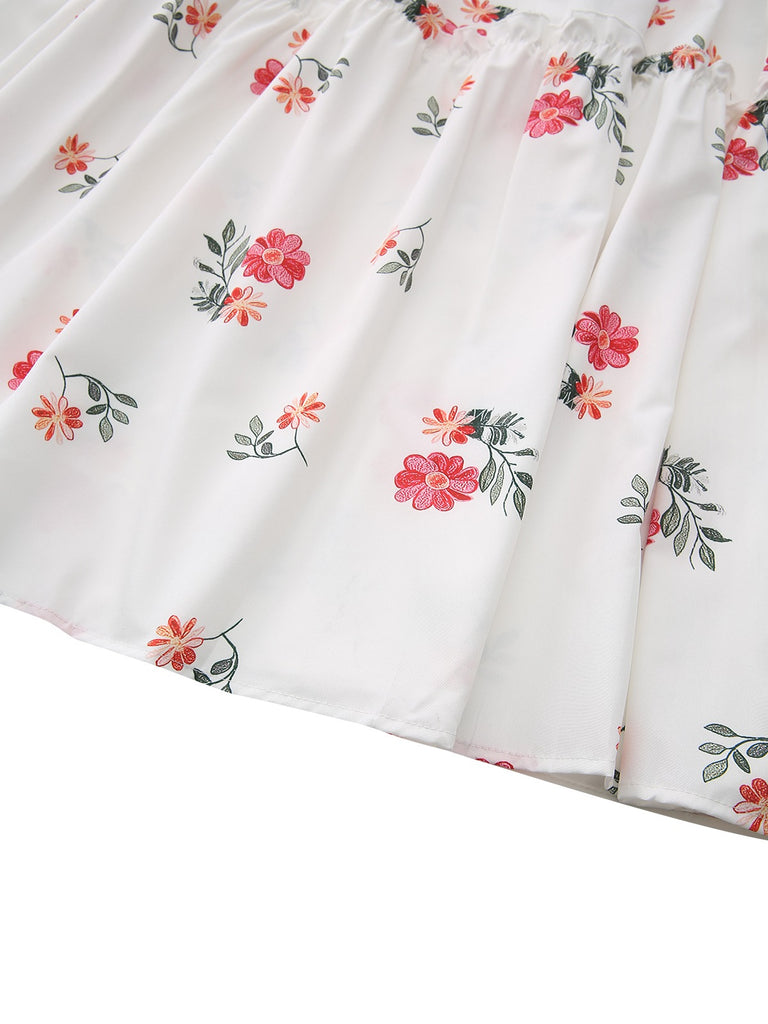 White 1930s Floral Ruffled Off-Shoulder Puff Dress hemline detail