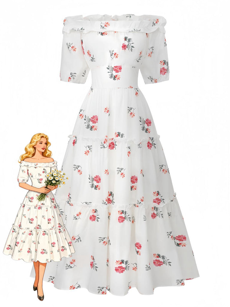 White 1930s Floral Ruffled Off-Shoulder Puff Dress model view